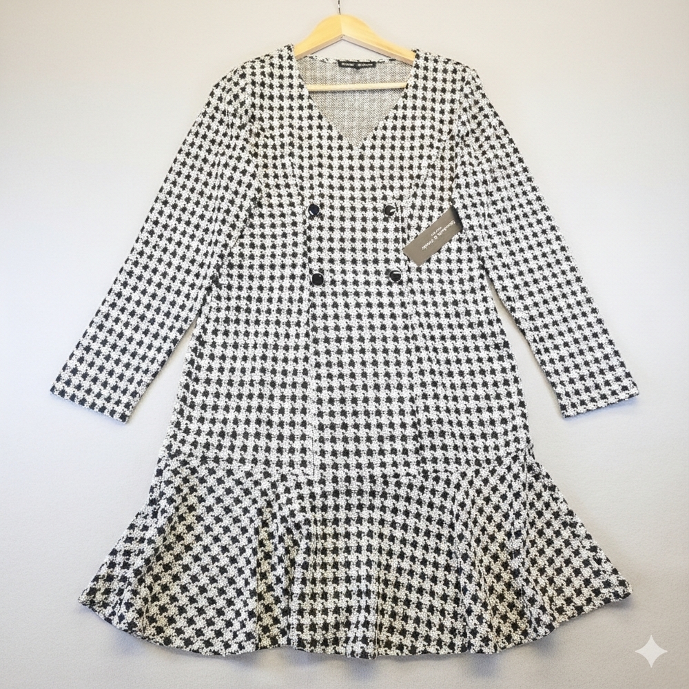 Elizabeth & Nicole Houndstooth Knit Dress Black White Double Breasted Medium NWT